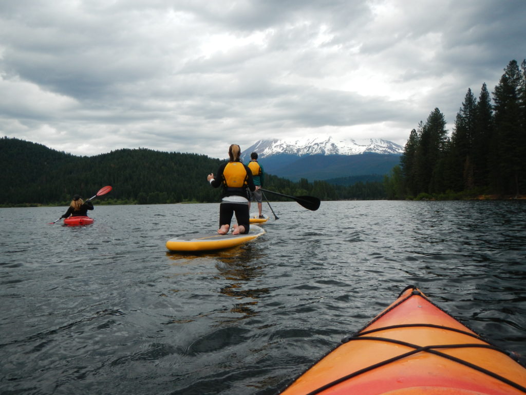 Kayaking and paddleboarding on Lake Siskiyou with view of Mt Shasta